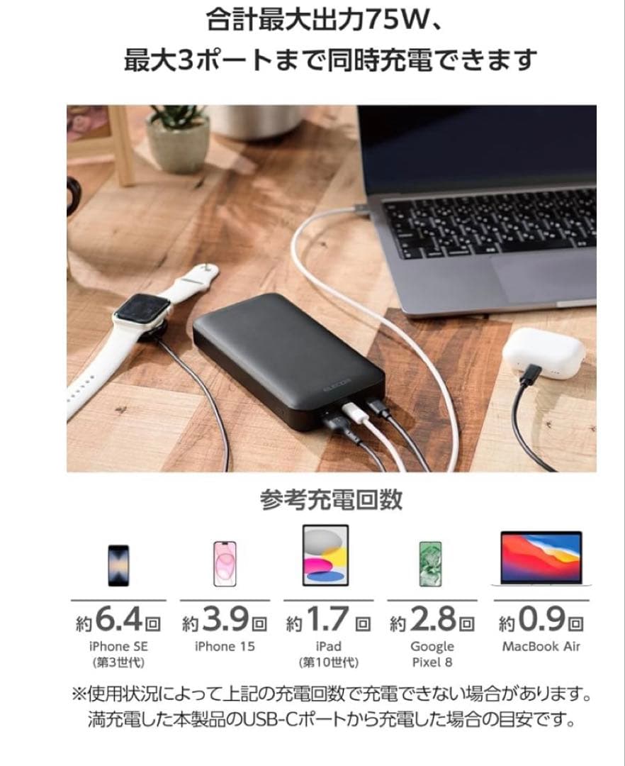 ELECOM 20000mAh モバイルバッテリー 75W
