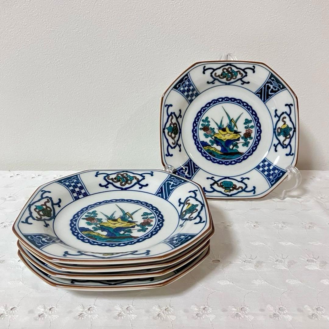 九谷焼 染付宝紋花鳥 八角皿 銘々皿