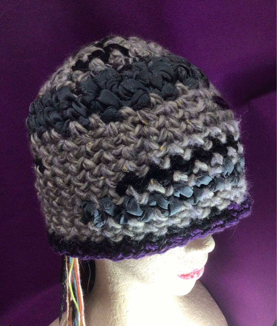 ハンドメイド ニット帽 ビーニー　グレー 黒 紫　野呂英作糸使用　シルクリボン