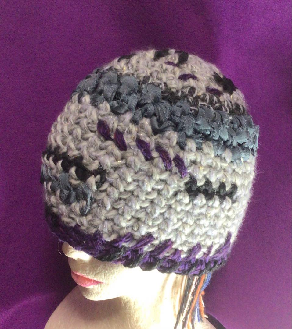 ハンドメイド ニット帽 ビーニー　グレー 黒 紫　野呂英作糸使用　シルクリボン