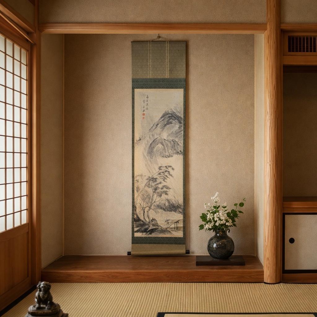 【真作】掛軸　春渓急雨之図　山水画　墨彩　日本画　古画風　共箱入　V130