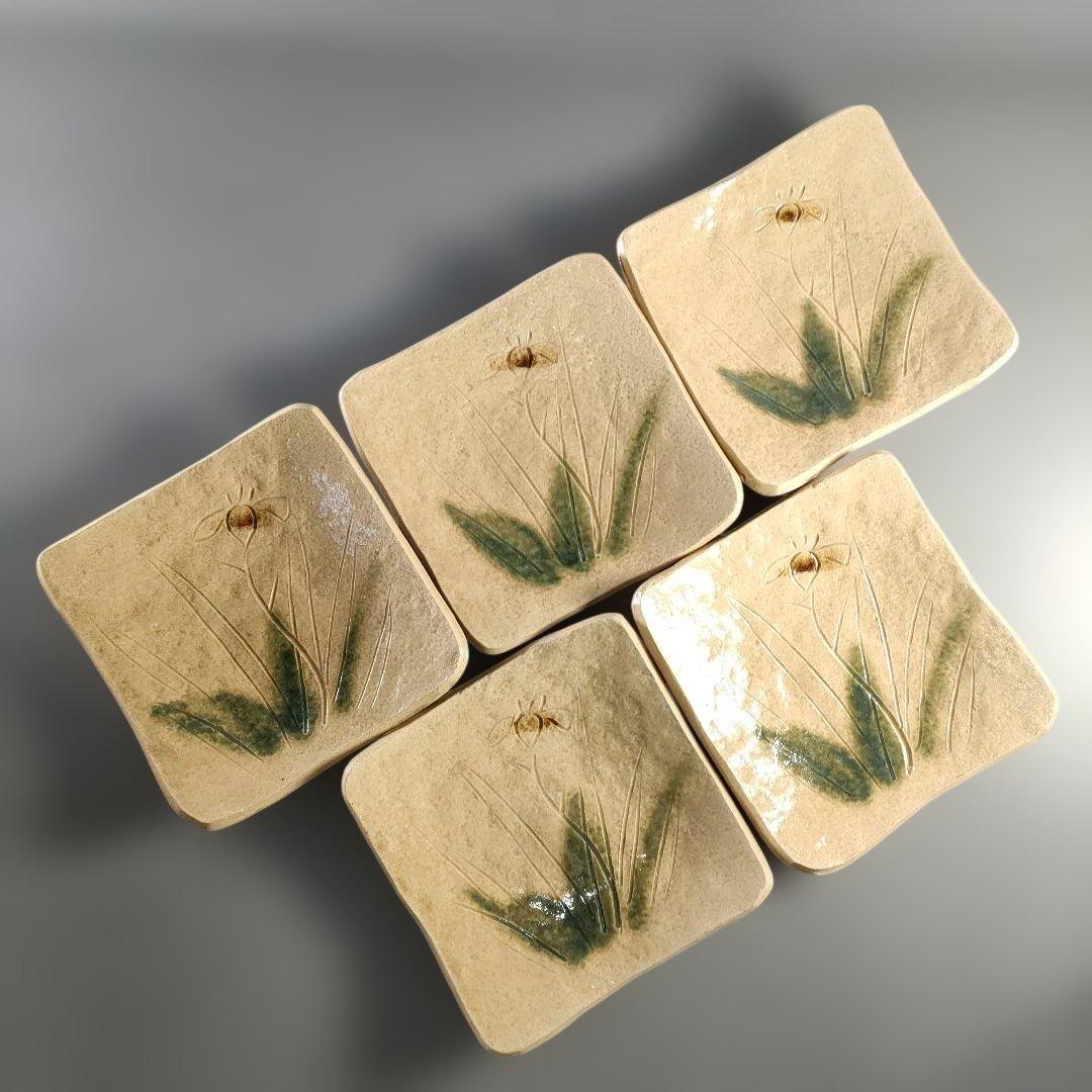 A1367-5/北大路魯山人/祥山 造/美食道楽黄瀬戸あやめ文四方皿5客/共箱/