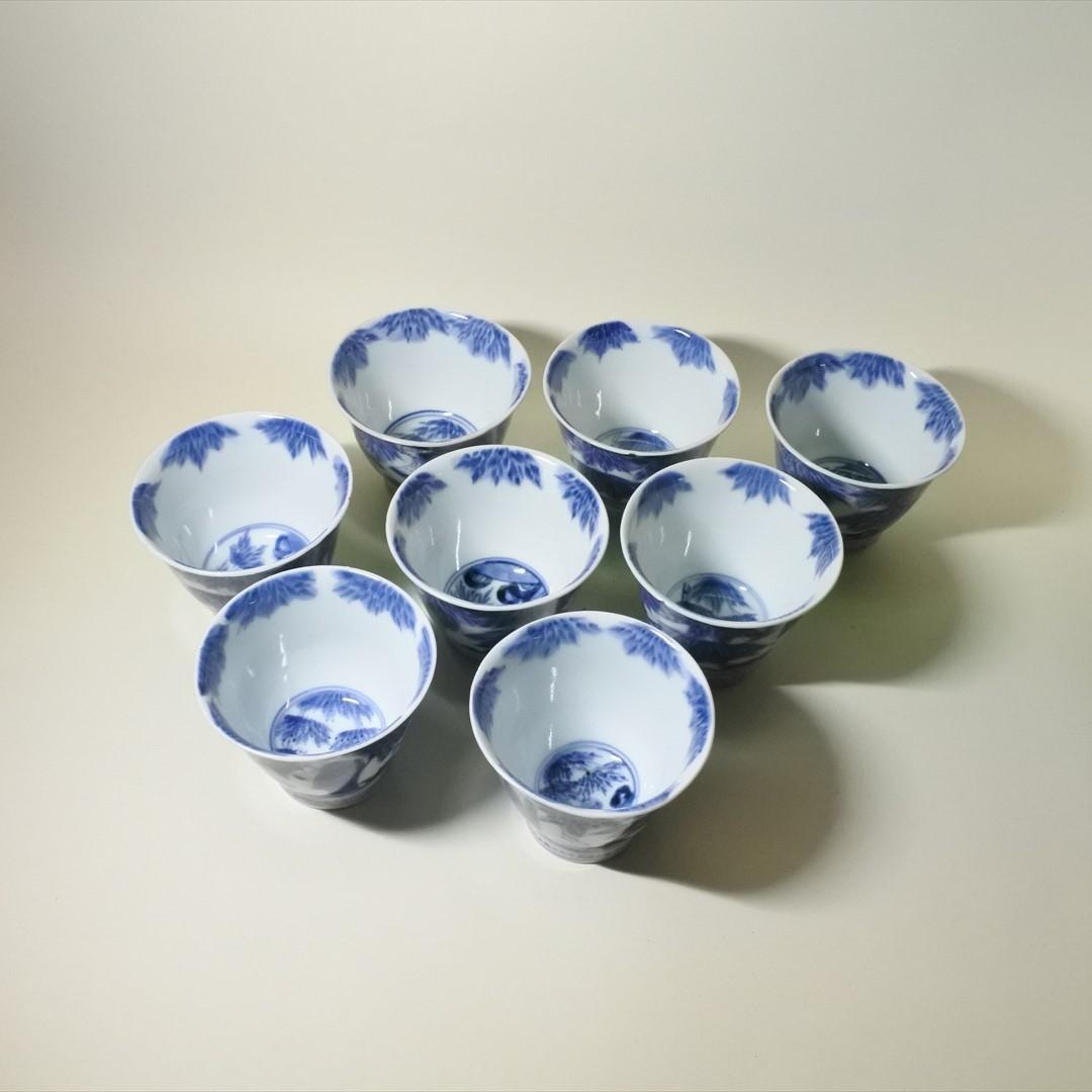 江戸中期～後期　古伊万里　染付　七賢人　大猪口　８客　骨董品　アンティーク