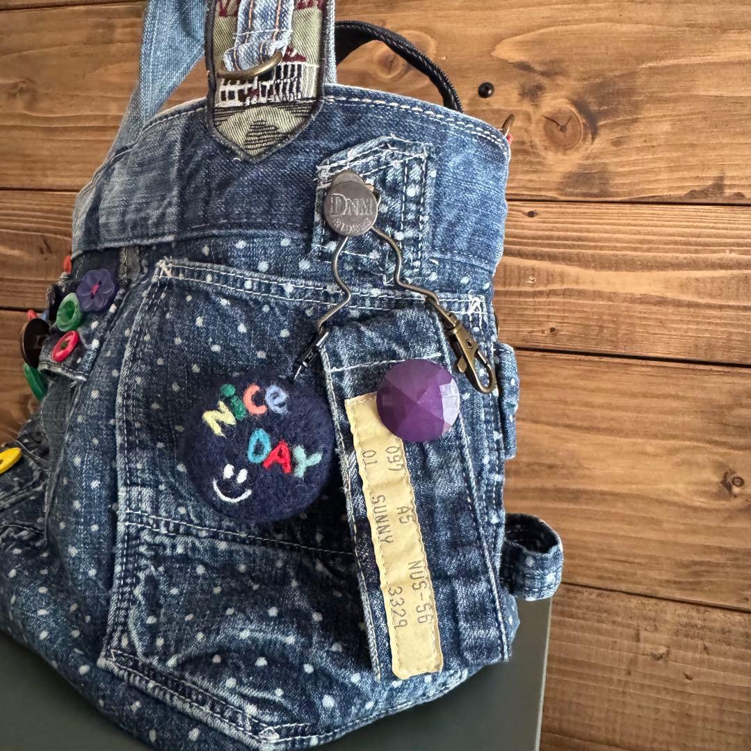 ハンドメイド デニムリメイク バッグ サロペットリメイク スマイル 15