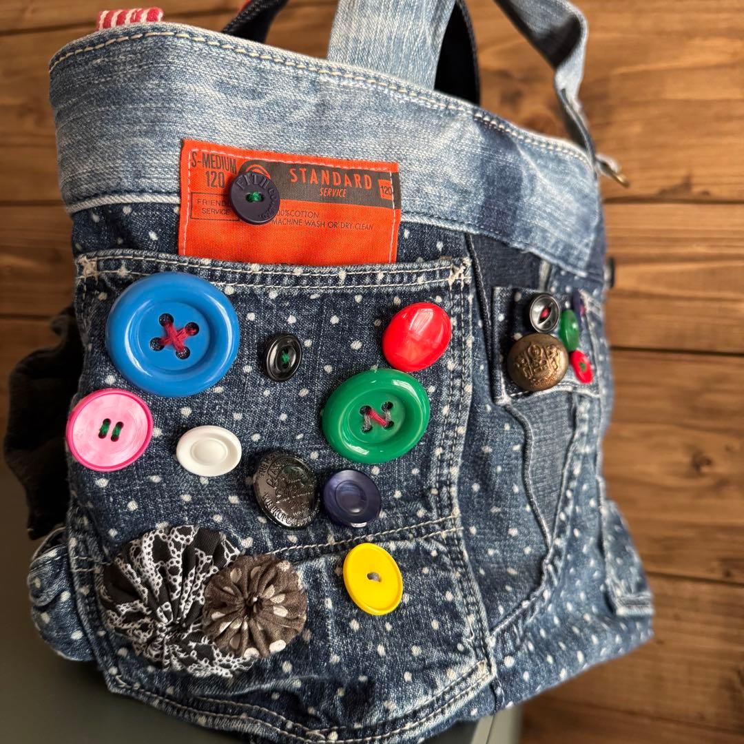 ハンドメイド デニムリメイク バッグ サロペットリメイク スマイル 15