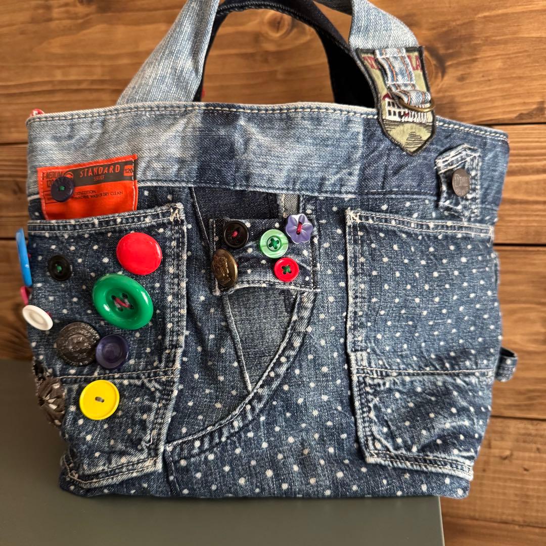 ハンドメイド デニムリメイク バッグ サロペットリメイク スマイル 15