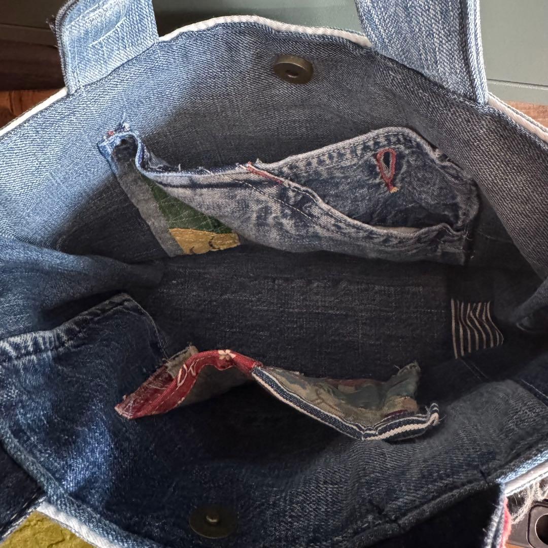 ハンドメイド デニムリメイク バッグ サロペットリメイク スマイル 15