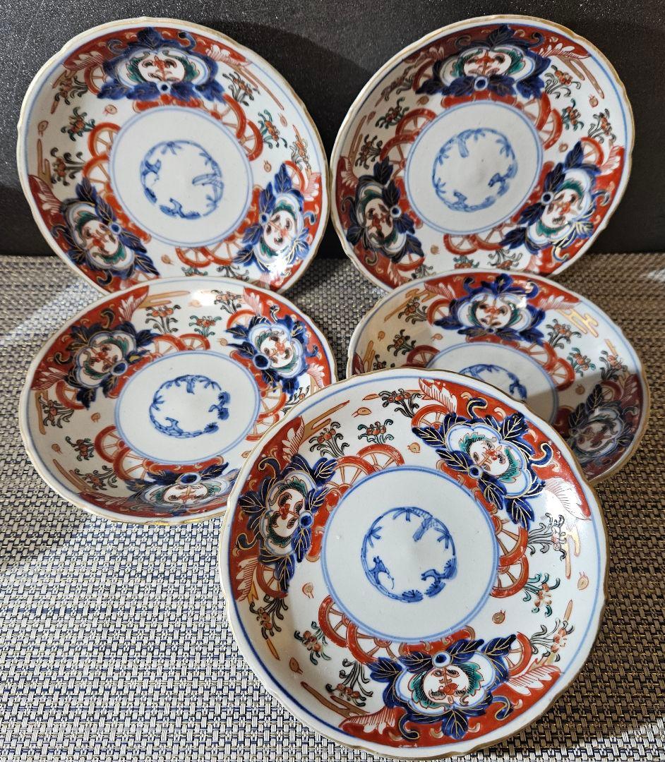 江戸時代末期～明治時代　古伊万里　錦手　花意匠に御所車の図　16.0cm皿　5客