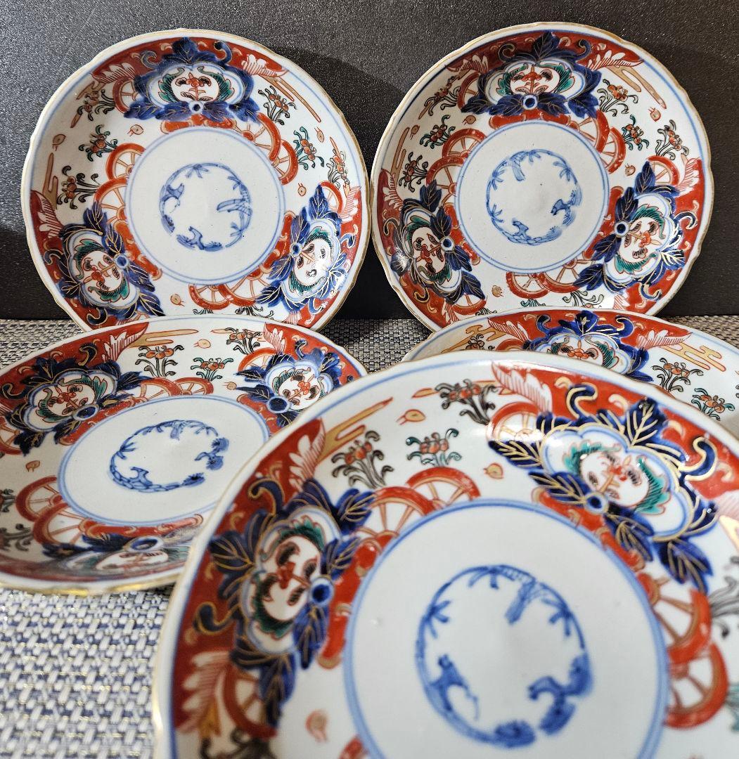 江戸時代末期～明治時代　古伊万里　錦手　花意匠に御所車の図　16.0cm皿　5客