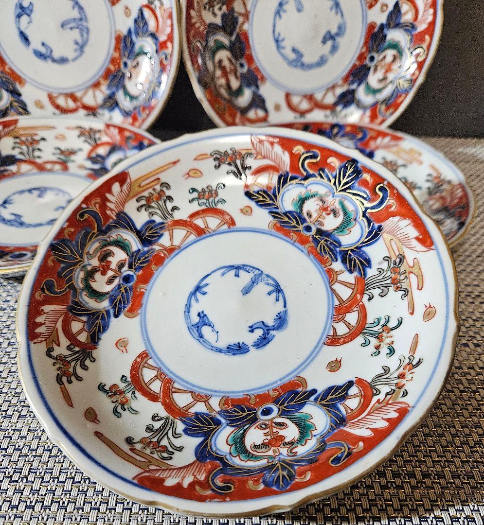 江戸時代末期～明治時代　古伊万里　錦手　花意匠に御所車の図　16.0cm皿　5客