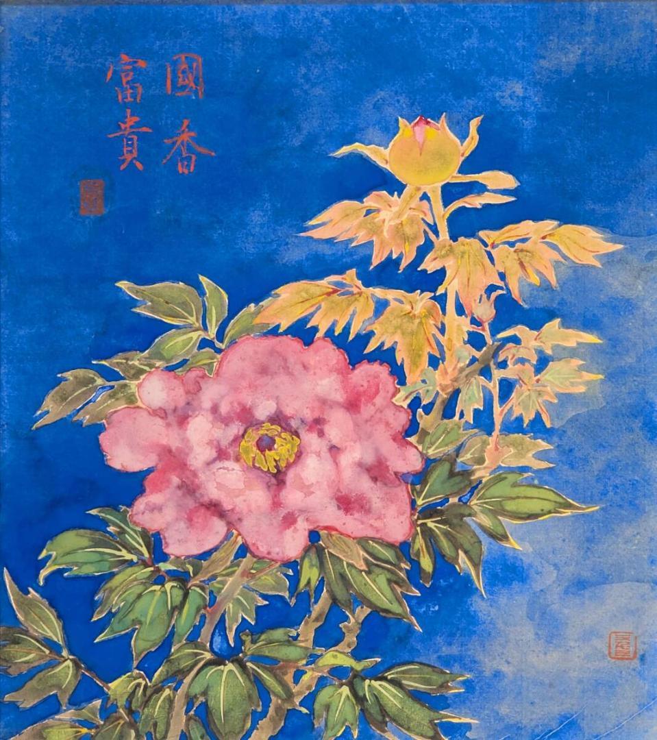 【真作】絵画　日本画（色紙）　牡丹図　鮮やかな青と華やかな花の共演　Y70