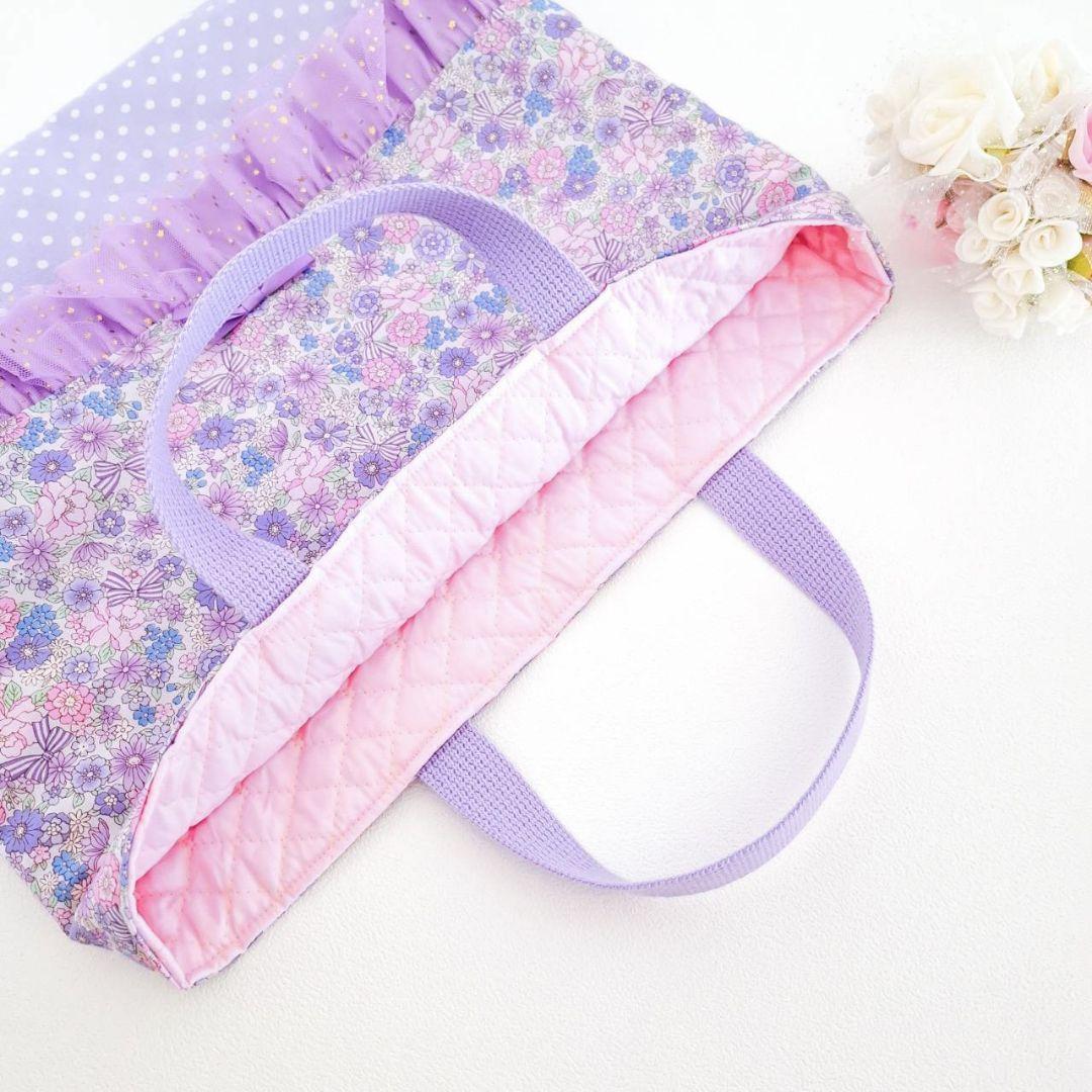 入園入学3点セット　花柄　パープル　ドット　女の子　レッスンバック　上履き入れ