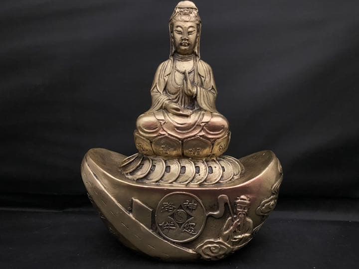 銭乗 観音 菩薩 銅製 仏像 金運 置物 開運 風水 骨董 古美術 アンティーク