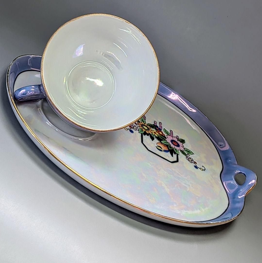 オールドノリタケ アールデコ期 虹ラスター彩 南国鳥と花絵柄の スナックセット