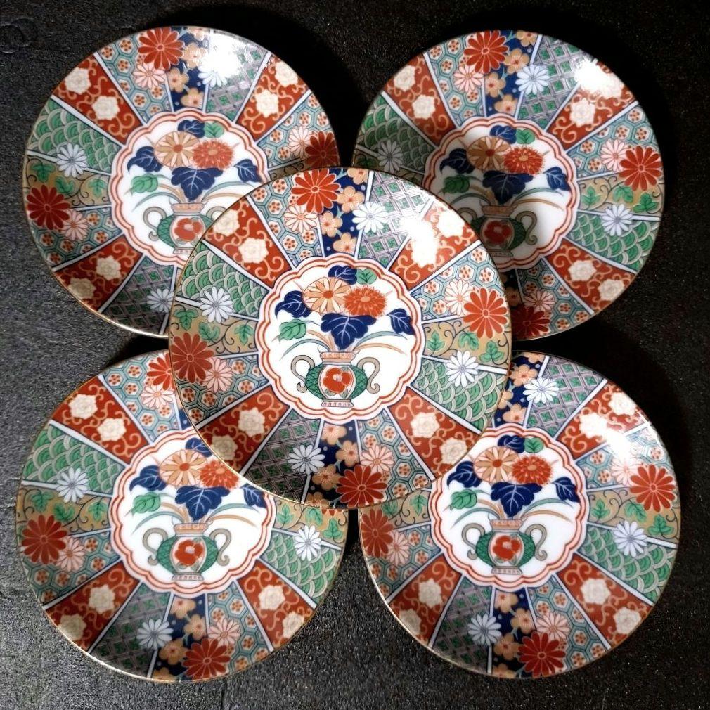 未使用品　有田焼　陶扇　小皿5枚揃え　銘々皿　取皿　豆皿　錦絵　赤絵　金彩