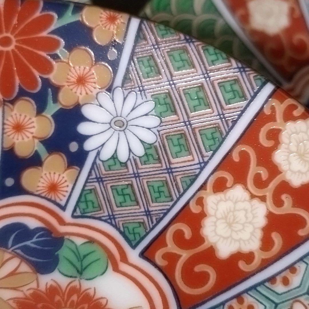 未使用品　有田焼　陶扇　小皿5枚揃え　銘々皿　取皿　豆皿　錦絵　赤絵　金彩