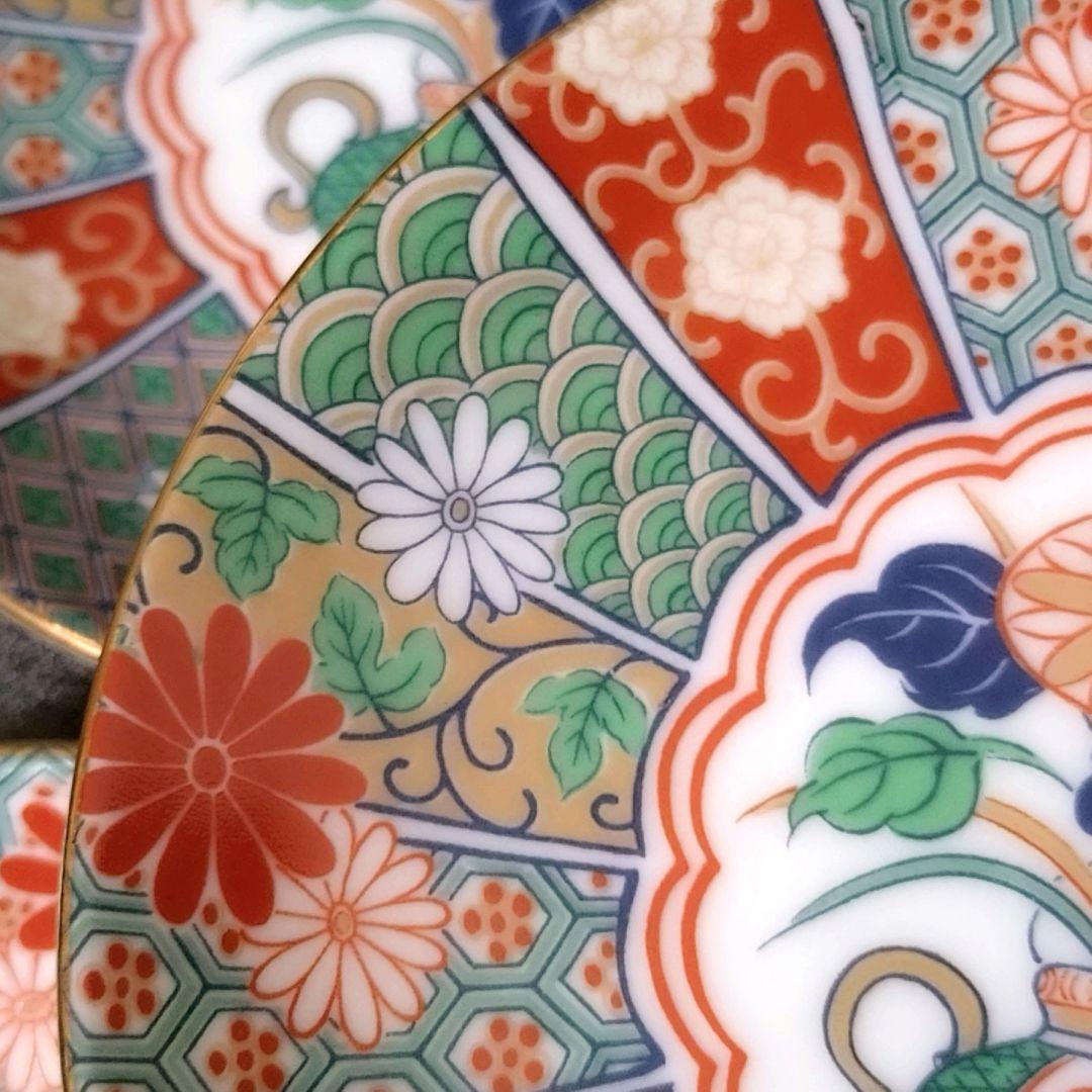 未使用品　有田焼　陶扇　小皿5枚揃え　銘々皿　取皿　豆皿　錦絵　赤絵　金彩