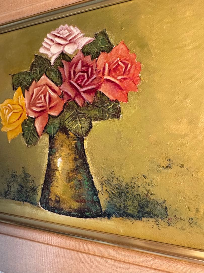 油彩画 バラの花束 作者不明　サインあり