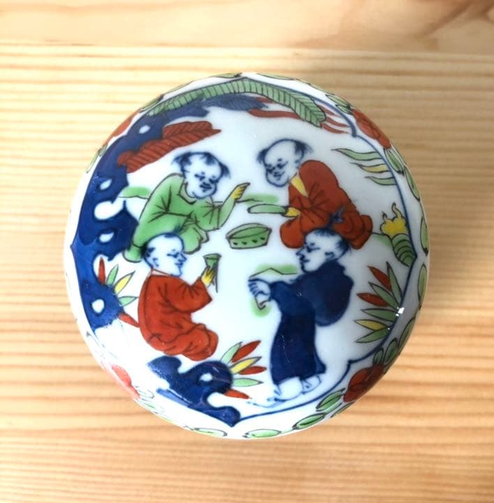 大明萬暦景徳鎮製　印泥　器　台座付き　手描き　民藝　カラフル