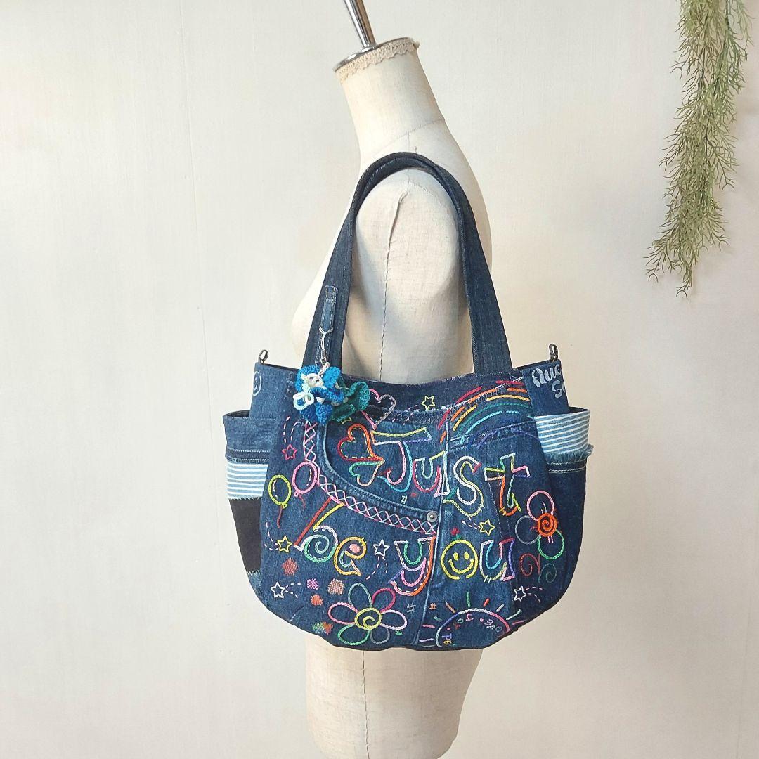 刺繍デニムバック　No.673　デニムリメイク　スマイリー　刺繍バック