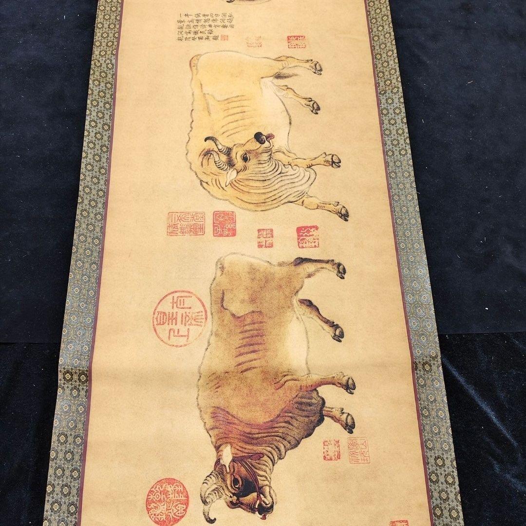中国古画 韓滉《五牛図》 中巻 絹本 掛け軸 約392×71cm