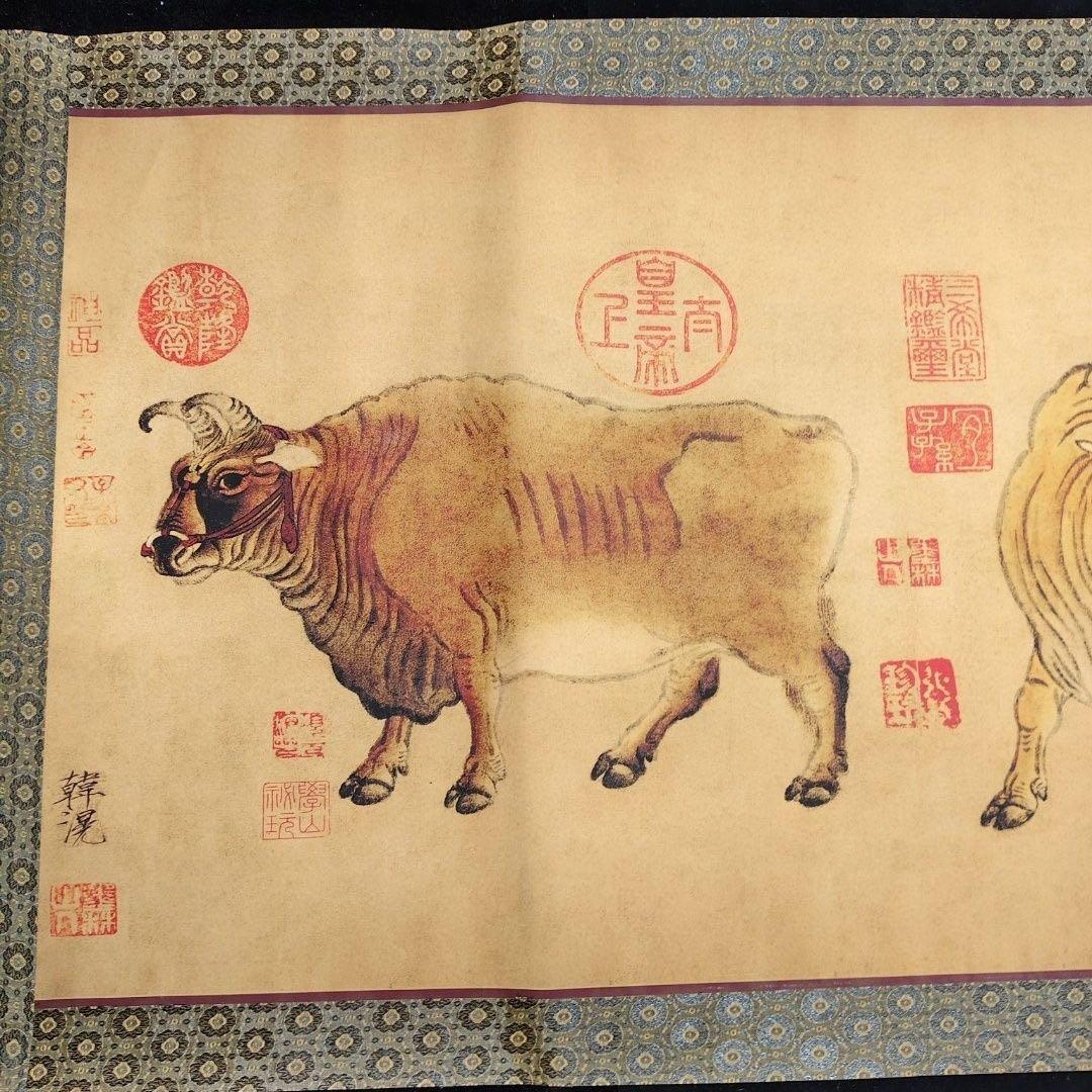 中国古画 韓滉《五牛図》 中巻 絹本 掛け軸 約392×71cm