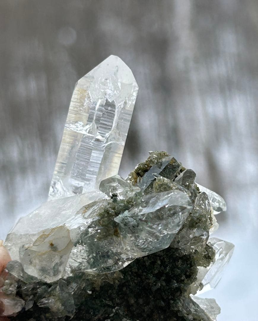 インド　マニハール産 グリーンクローライト共生　光を纏う水晶クラスター