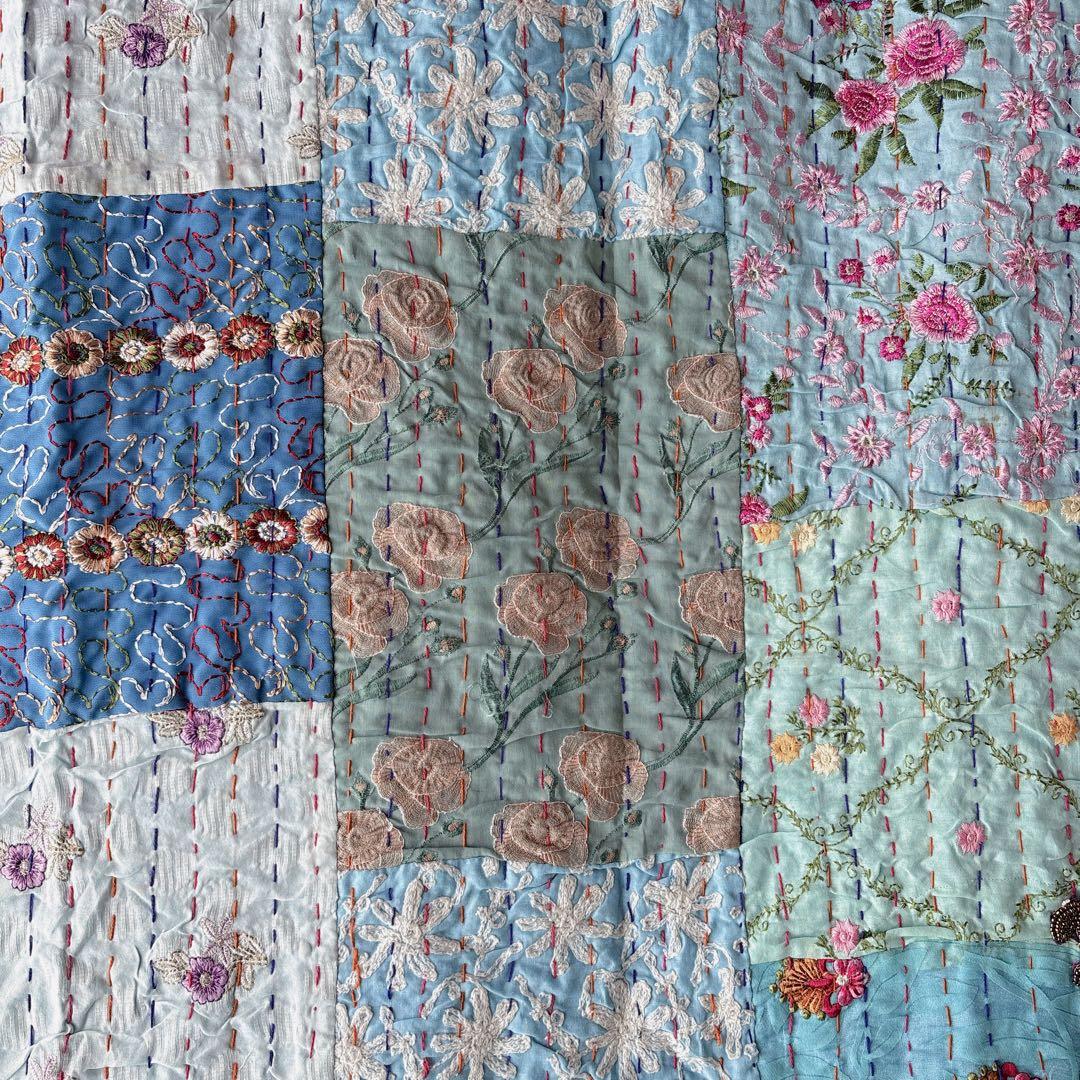 未使用❁大判　エンブロイダリー　ターコイズ　パッチワークカンタキルトマルチカバー