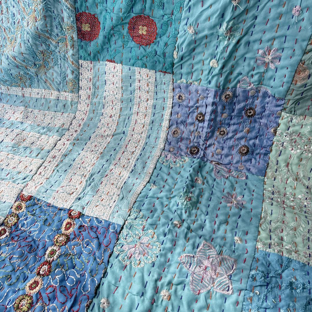 未使用❁大判　エンブロイダリー　ターコイズ　パッチワークカンタキルトマルチカバー