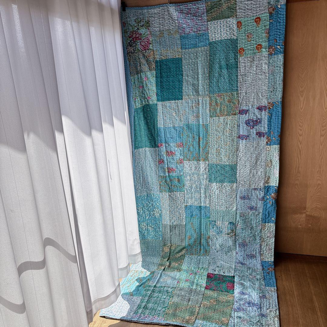 未使用❁大判　エンブロイダリー　ターコイズ　パッチワークカンタキルトマルチカバー