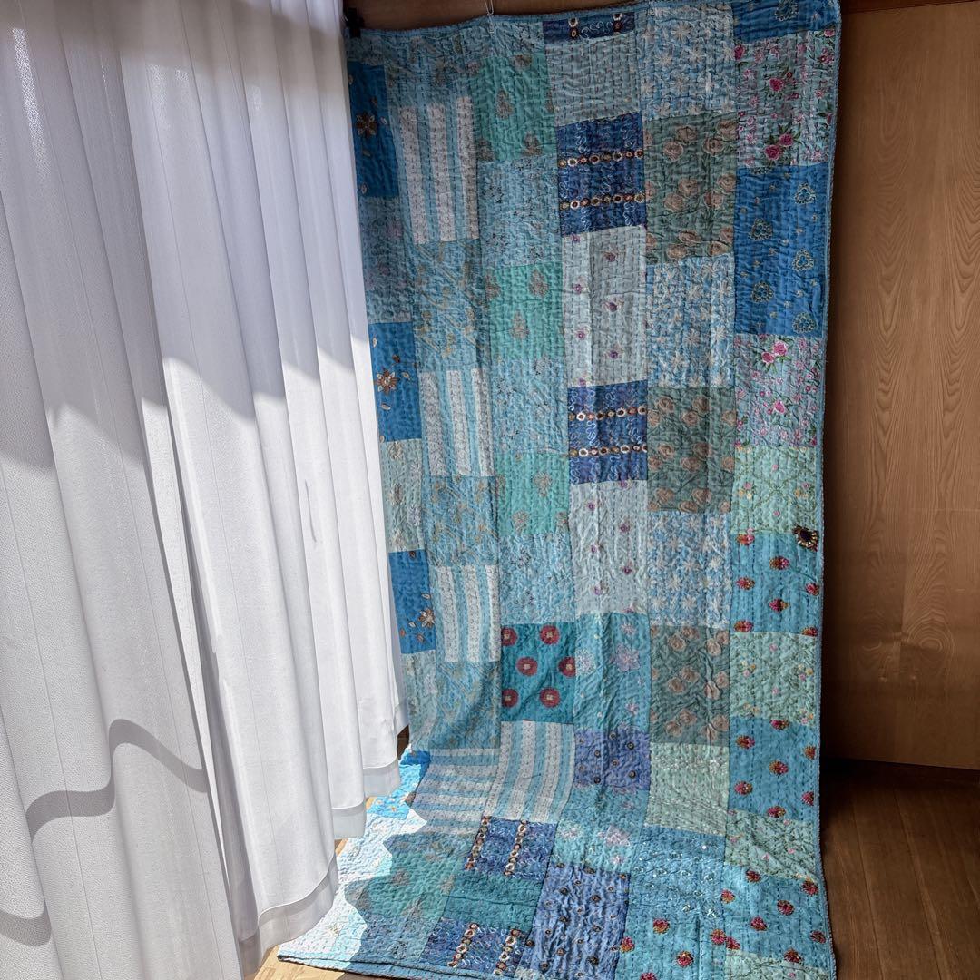 未使用❁大判　エンブロイダリー　ターコイズ　パッチワークカンタキルトマルチカバー