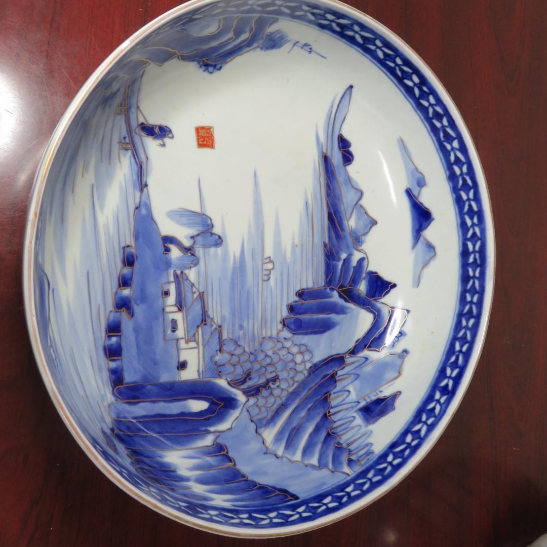 三組丼 山水 染付 二重高台 明治 三つ丼 三つ鉢 古伊万里 江戸 明治