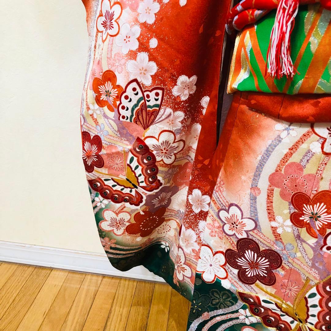 七五三七歳‼️豪華正絹尽くし⭐︎人気赤地暈し⭐︎蝶々金糸刺繍花々金彩⭐︎ 完全フルセット