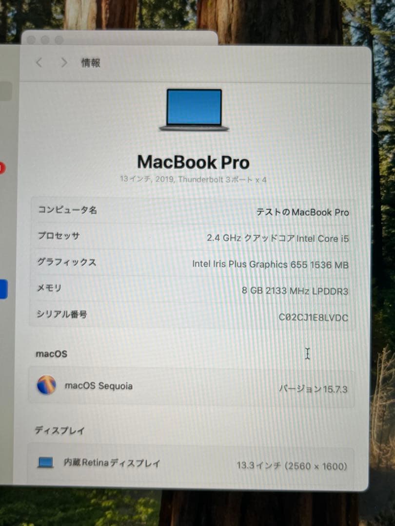 MacBook Pro 13インチ 2019 A1989