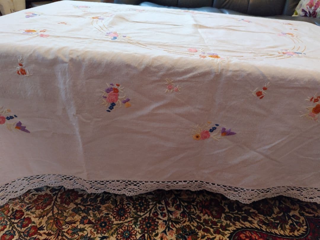 花柄刺繍 ホワイト テーブルクロス レース ビンテージ