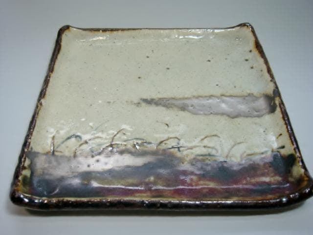 菓子器■色紙皿 蓮水宜（清水六兵衛）銹釉白釉 菓子皿 平鉢 角皿 唐草柄 共箱■