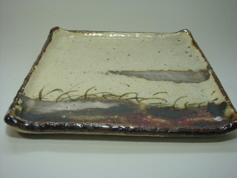 菓子器■色紙皿 蓮水宜（清水六兵衛）銹釉白釉 菓子皿 平鉢 角皿 唐草柄 共箱■