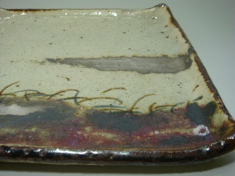 菓子器■色紙皿 蓮水宜（清水六兵衛）銹釉白釉 菓子皿 平鉢 角皿 唐草柄 共箱■