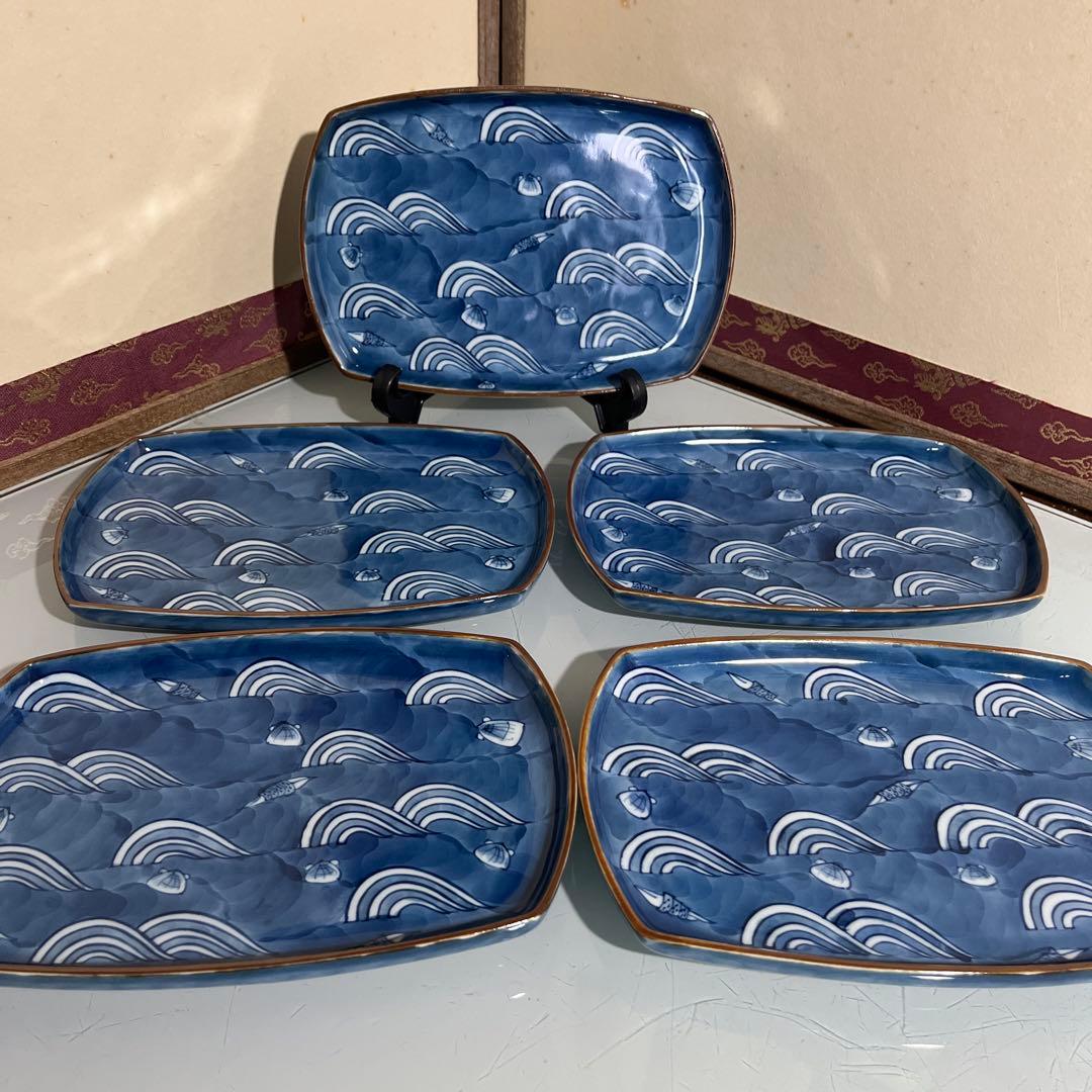 源右衛門　染付波貝文　角皿５枚 新品未使用　美品