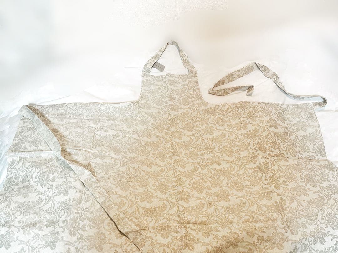 新品 リネン エプロン 花柄 ベージュ ホワイト ロング 麻 コットン 綿