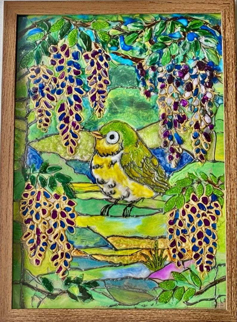 小鳥と藤の花 ステンドグラス風絵画目白ハンドメイド