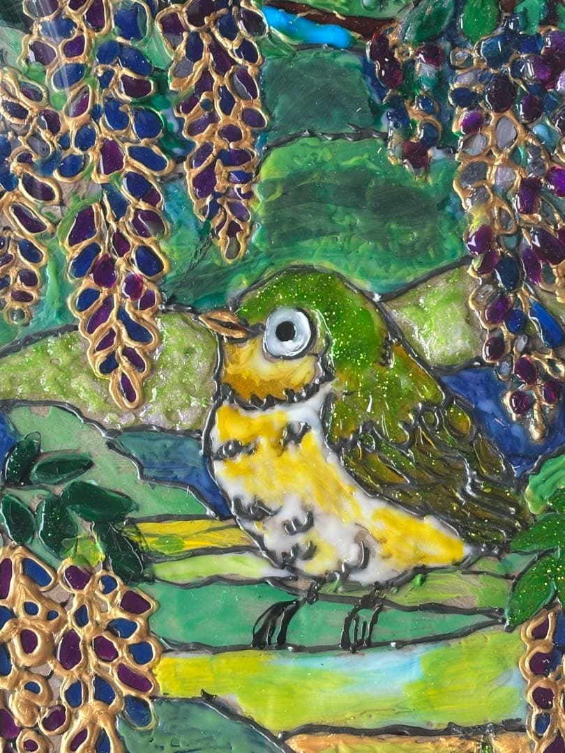 小鳥と藤の花 ステンドグラス風絵画目白ハンドメイド