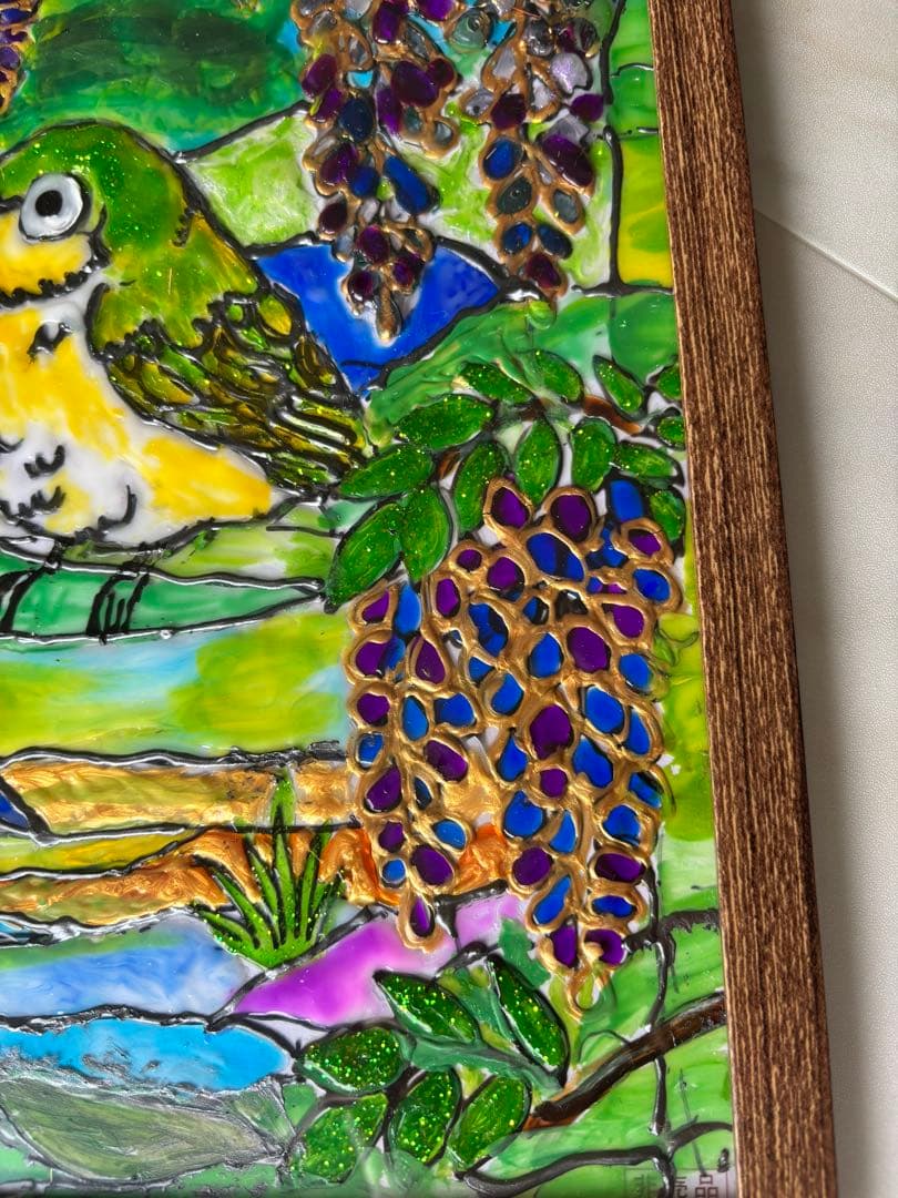小鳥と藤の花 ステンドグラス風絵画目白ハンドメイド