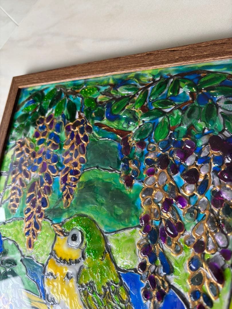 小鳥と藤の花 ステンドグラス風絵画目白ハンドメイド