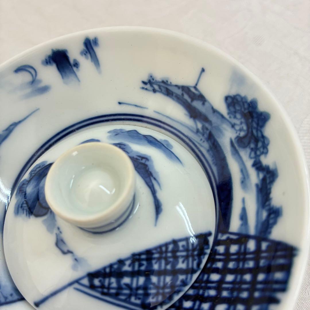 肥前皿山 三彩作 染付山水画 小蓋丼 蓋付高杯 染付の蓋椀 5客