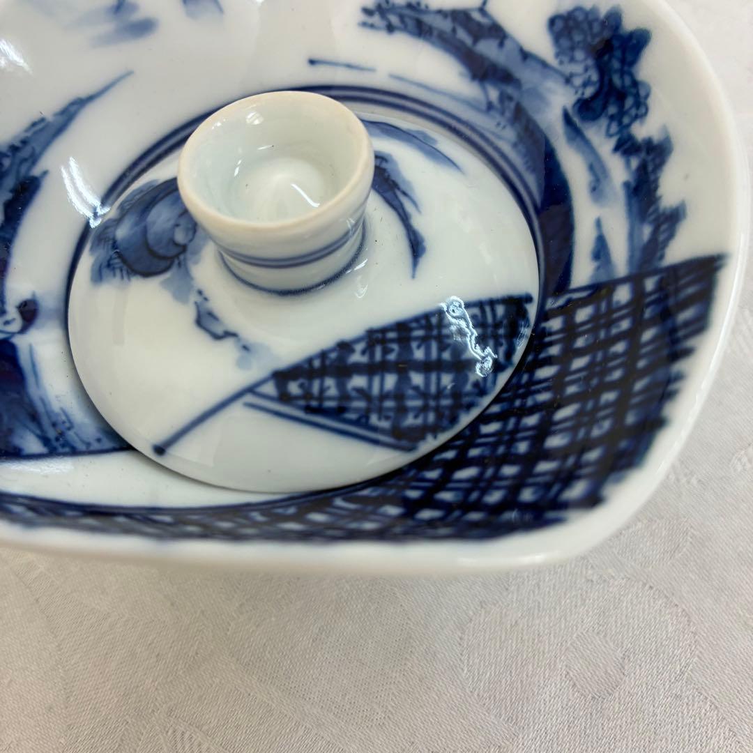 肥前皿山 三彩作 染付山水画 小蓋丼 蓋付高杯 染付の蓋椀 5客