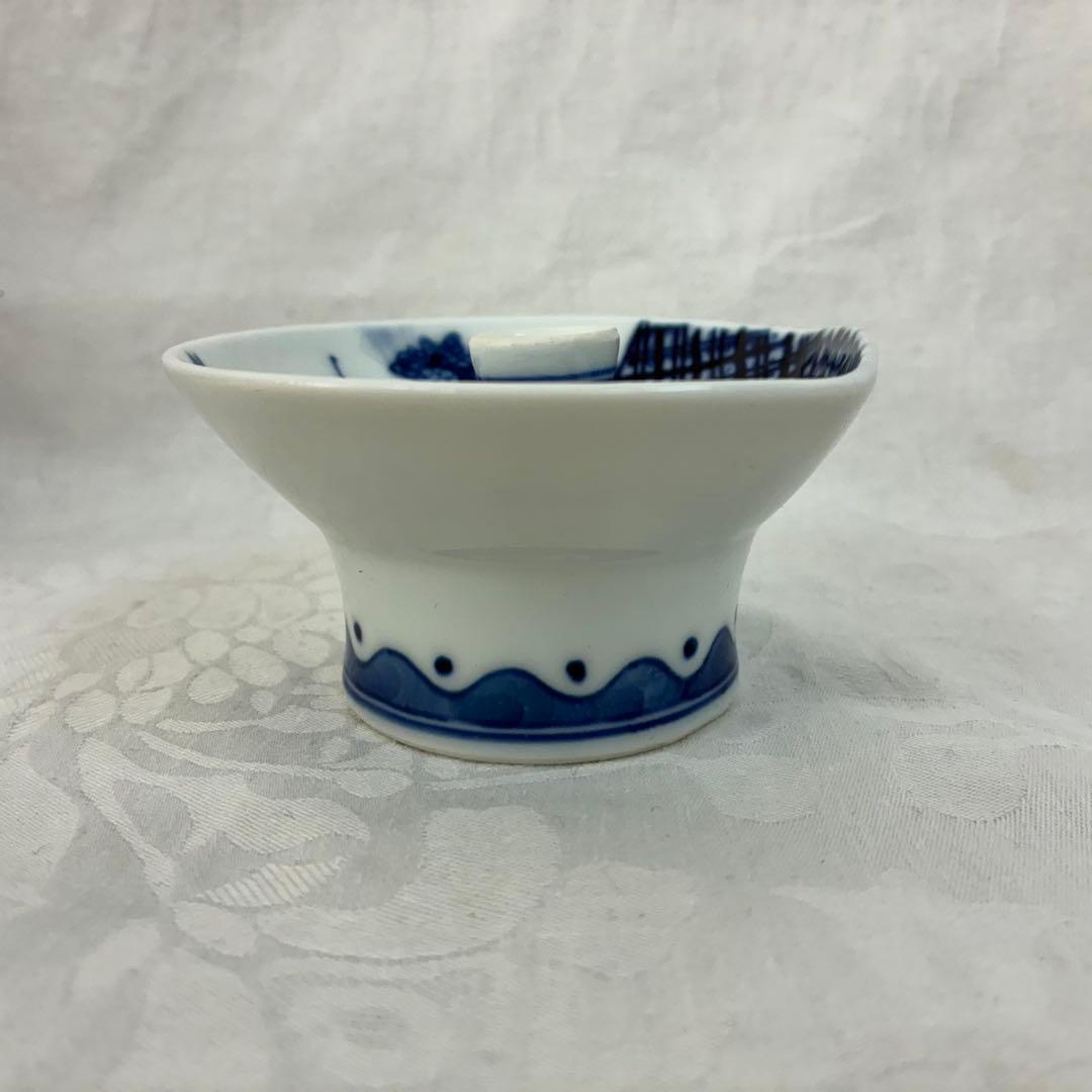 肥前皿山 三彩作 染付山水画 小蓋丼 蓋付高杯 染付の蓋椀 5客