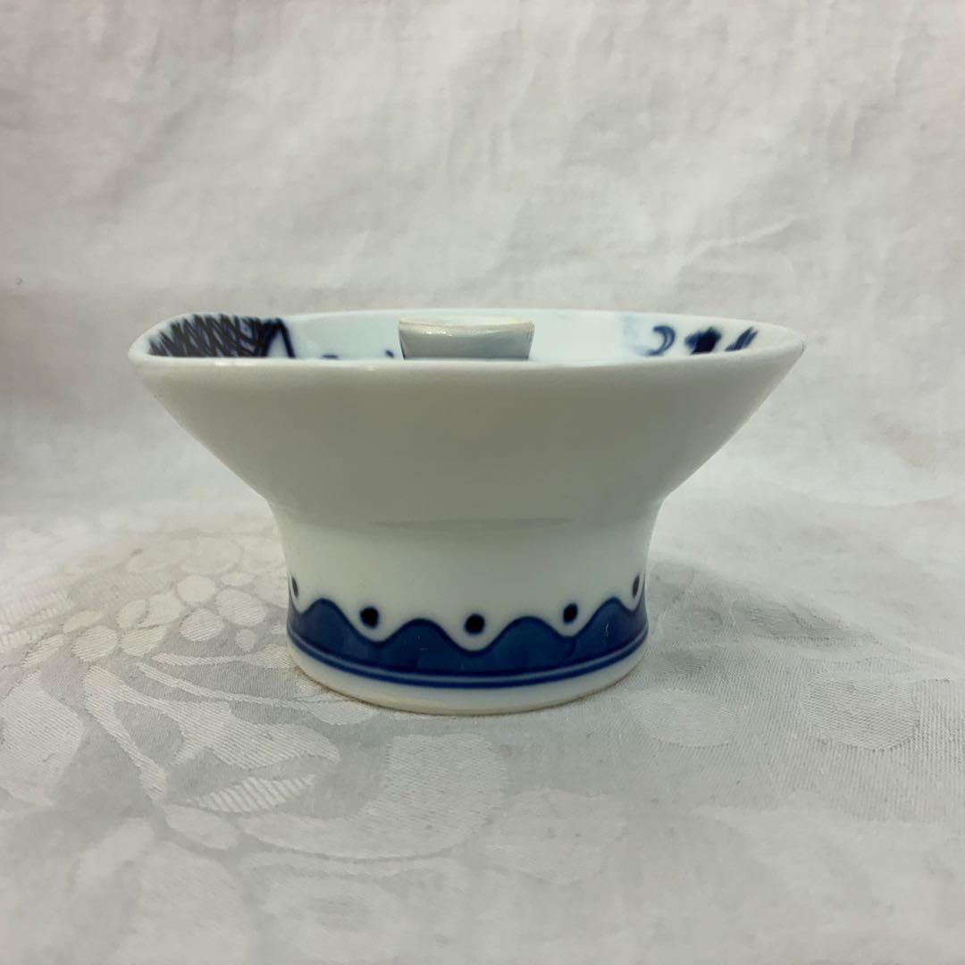 肥前皿山 三彩作 染付山水画 小蓋丼 蓋付高杯 染付の蓋椀 5客