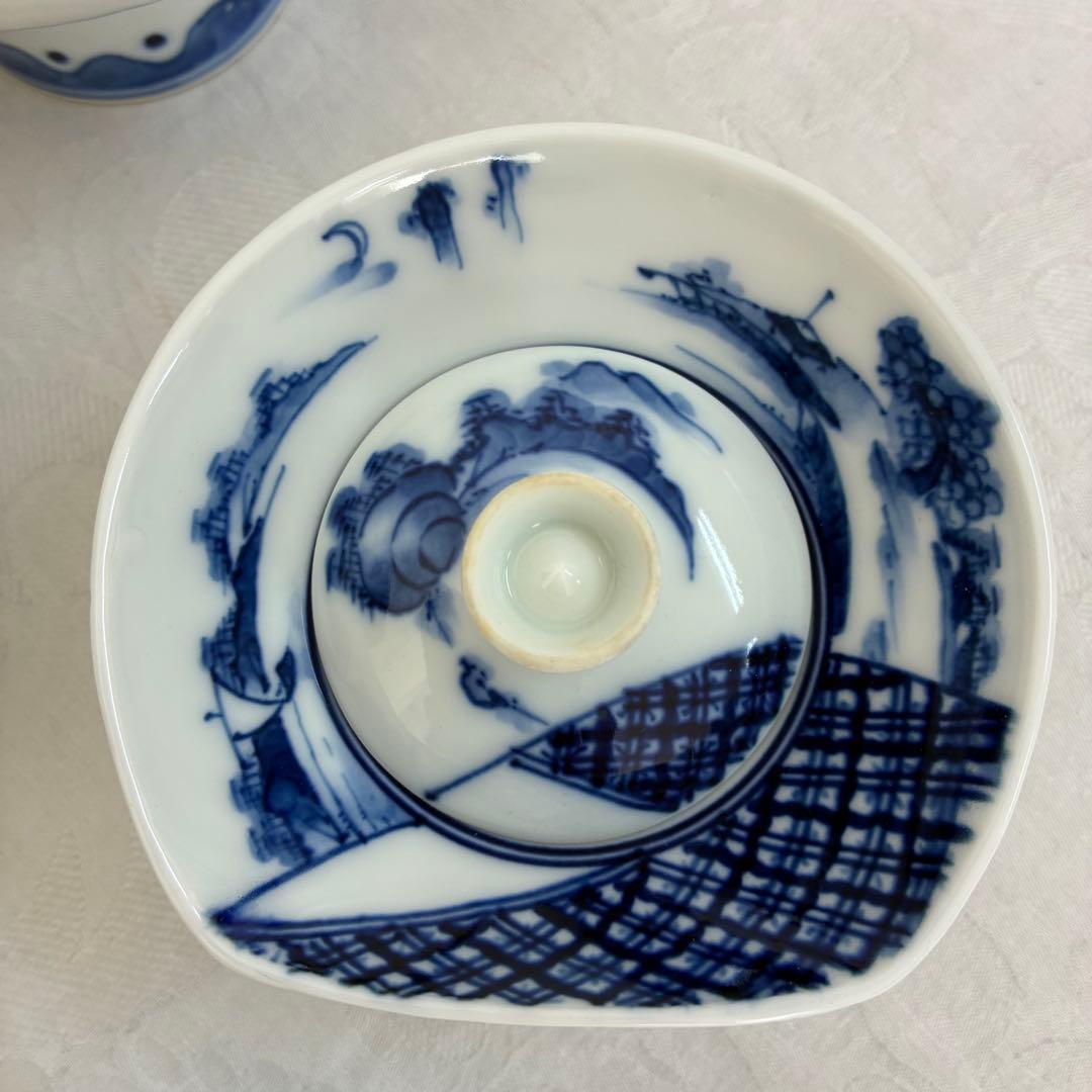 肥前皿山 三彩作 染付山水画 小蓋丼 蓋付高杯 染付の蓋椀 5客