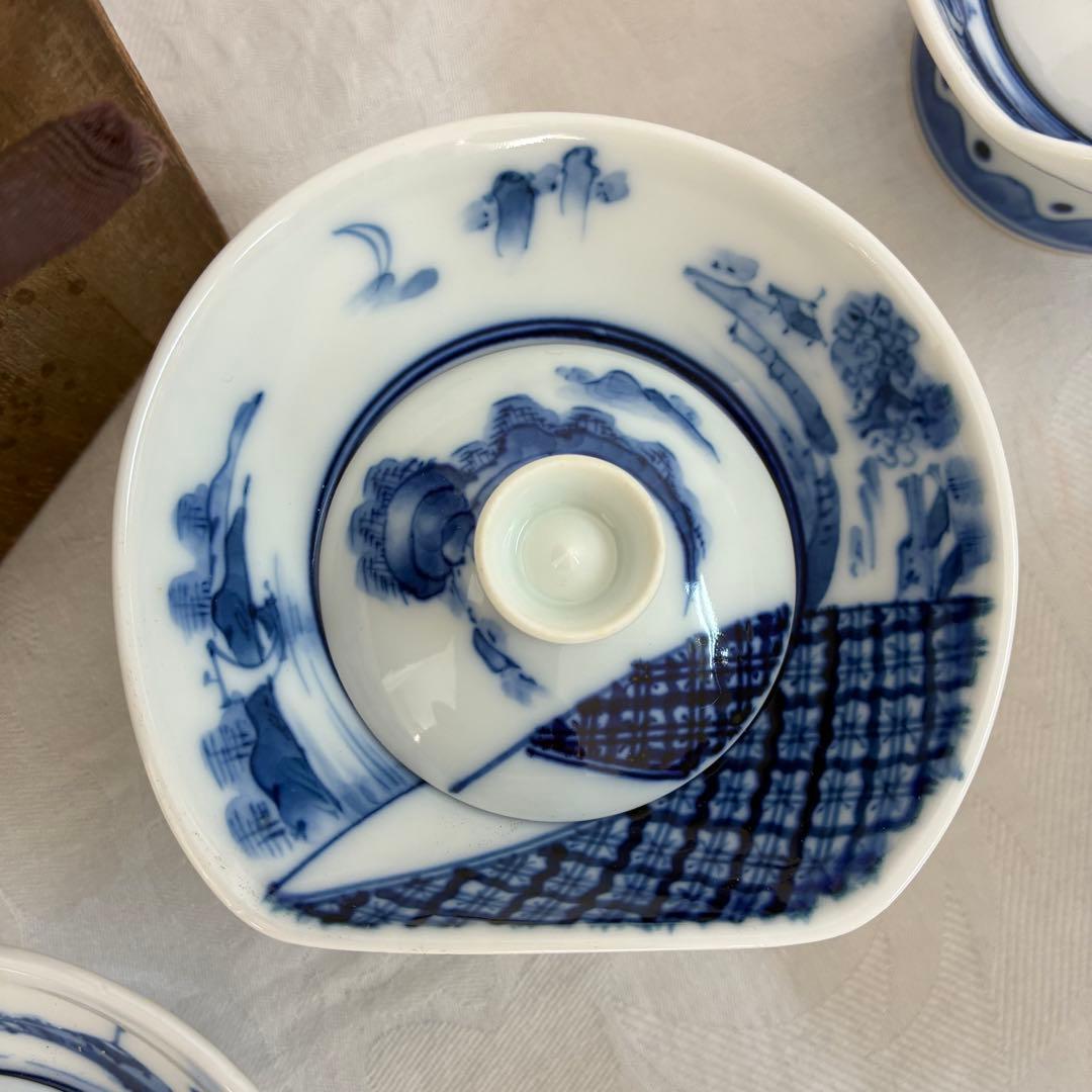 肥前皿山 三彩作 染付山水画 小蓋丼 蓋付高杯 染付の蓋椀 5客